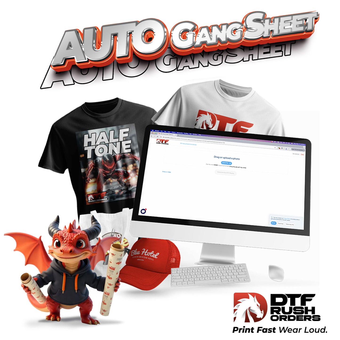 Create custom same day DTF Transfers with DTF Rush Orders Auto Gang Sheet Builder.