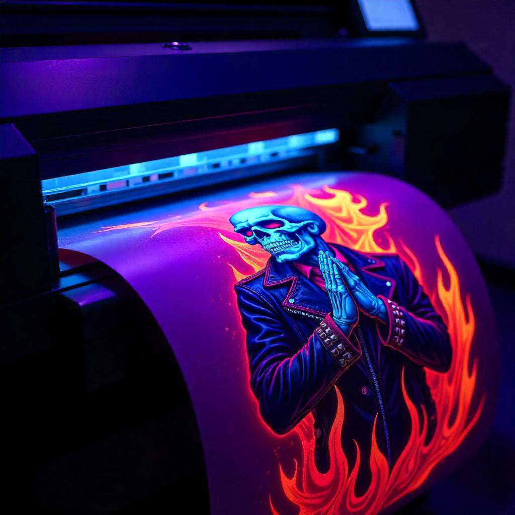 Glowing dtf fluorescent transfers making brighter colors and glow under a dark light.